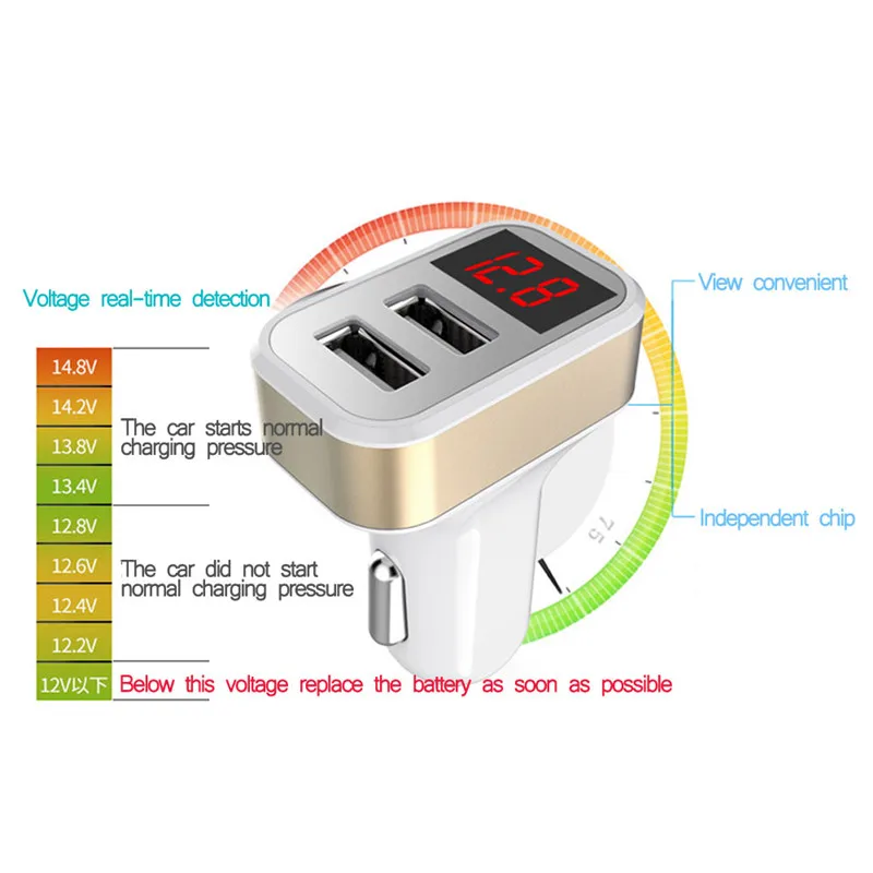 Автомобильное зарядное устройство 2 в 1 с 2USB портами и светодиодным дисплеем|lighting