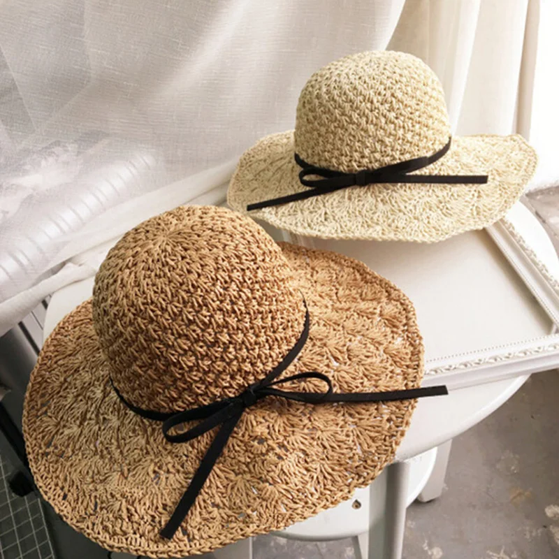 Складной солнцезащитный козырек Femme cap Женская соломенная шляпа Bowknot затенение от солнца Кепка с широкими полями для студентов
