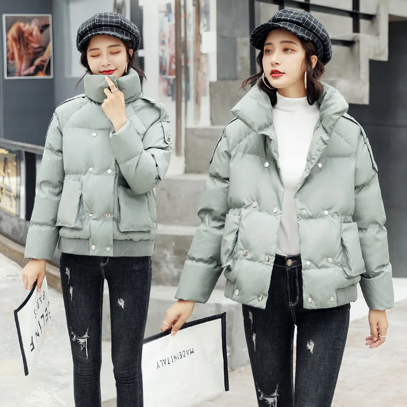 

Students Short Cotton-padded Jacket Versitile Fashion Solid Color Stand Collar Hidden Button Korean-style WOMEN'S Wear Short Cot