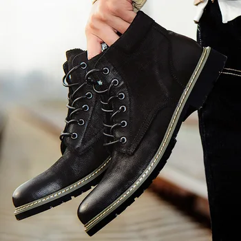 

Men's leather boots winter British short boots Retro High Top Martin boots men's Plush casual leather boots men's