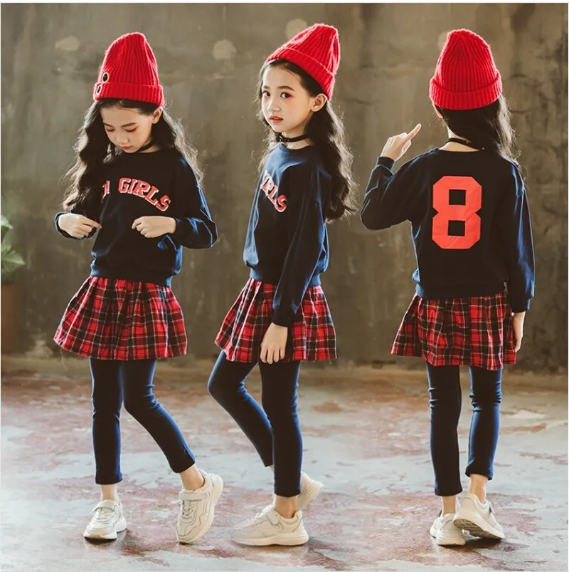 

Girls Sweatshirt Plaid Skirt Pants Clothing Set Children Clothes Autumn Full Sleeve Two Piece Suit Teens Girl Christmas Outfit