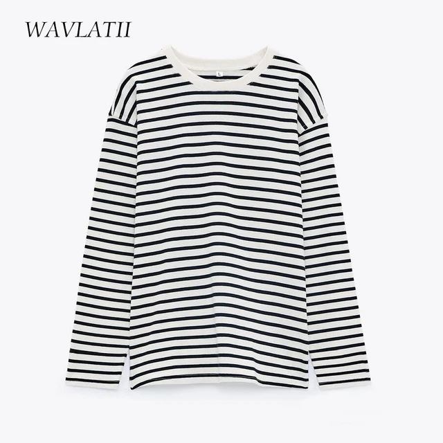 가을과 봄을 위한 세련되고 편안한 WAVLATII의 스트라이프 긴팔 티셔츠