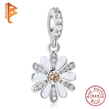 

BELAWANG 925 Sterling Silver Charm White Enamel & Clear CZ Daisy Charm Beads Fit Original Pandora Bracelet Authentic DIY Jewelry