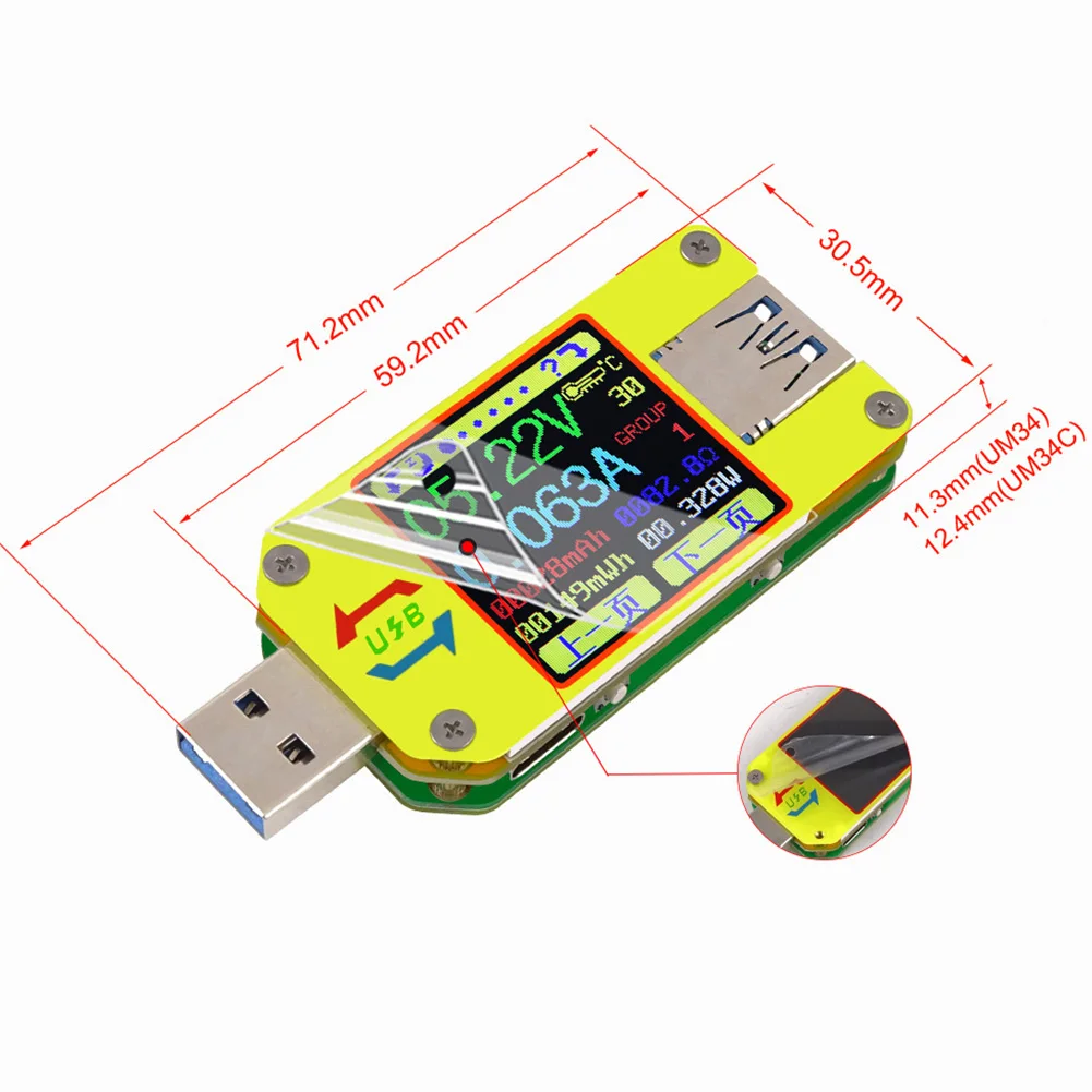 Вольтметр Амперметр тестер ЖК-дисплей измеритель напряжения USB 3,0 ток в реальном времени сопротивление кабеля точное измерение тип-c для UM34