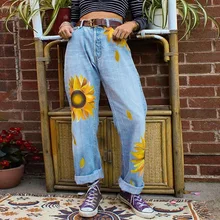 Джинсы с большим цветочным принтом, осенние свободные джинсы с высокой талией, женские широкие джинсы для женщин, повседневные женские брюки Харадзюку