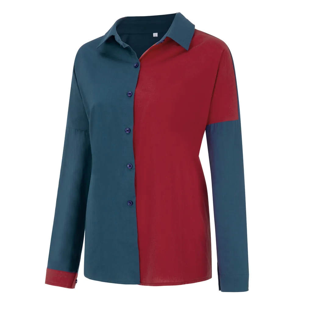 Женские рубашки, верхняя одежда, Camiseta Mujer, Повседневная Лоскутная рубашка, Solapa, большой манга, длинный рукав, на пуговицах, размера плюс, feminino, рубашка, Топ