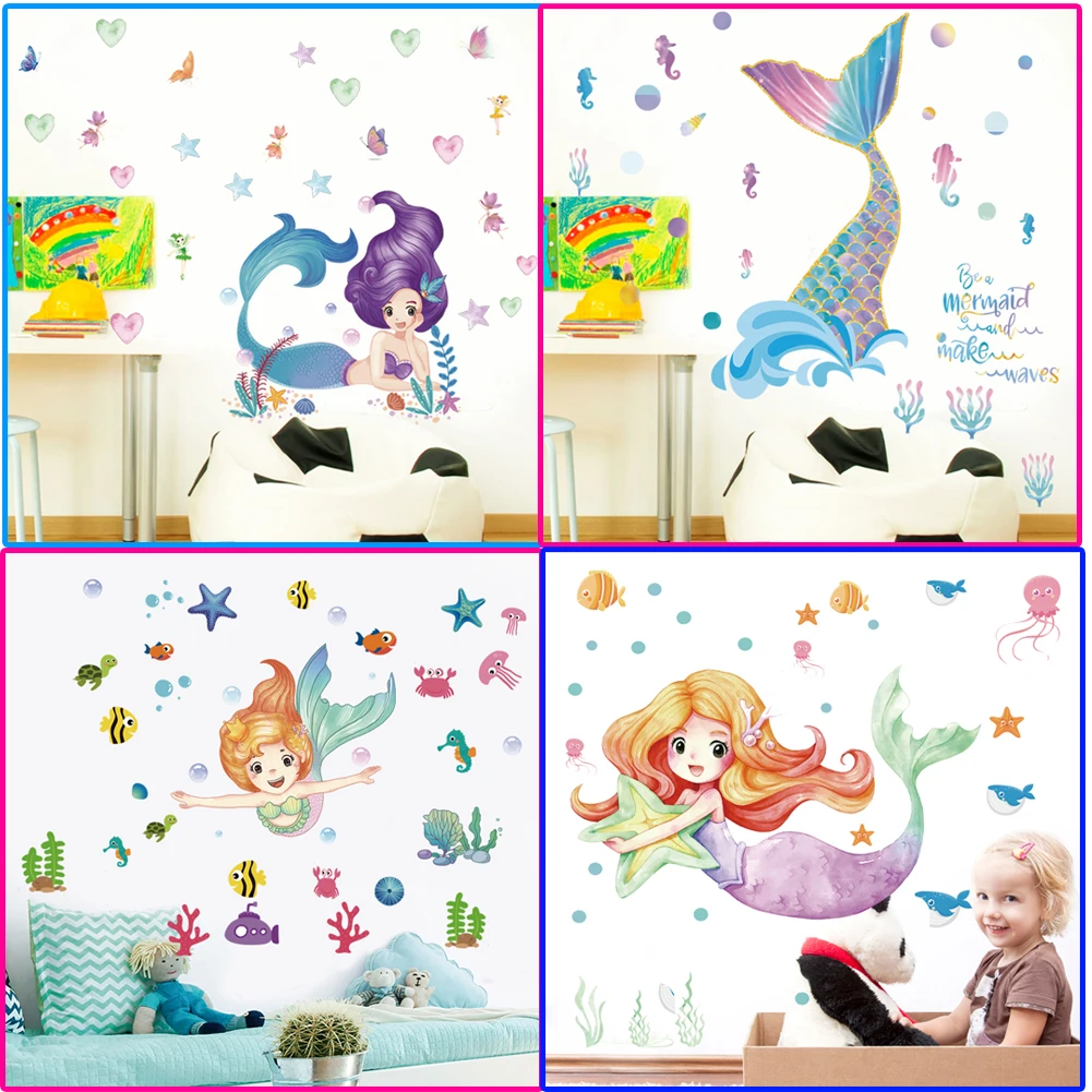 Lovely Mermaid Princess Wall Stickers For Kids Room mural Fairy tale Cartoon decals DIY Decor Paper Girls Decoration gift | Дом и сад