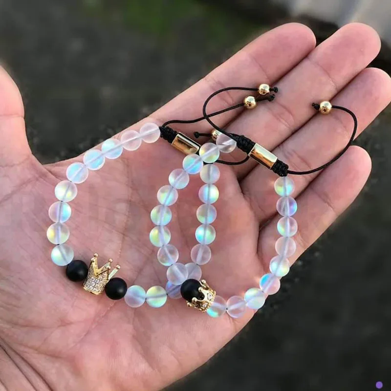 New design AB Frost Crystal Beads CZ Crown Queen Charm Beads Men Macrame Lovers Bracelet Women - Image 6