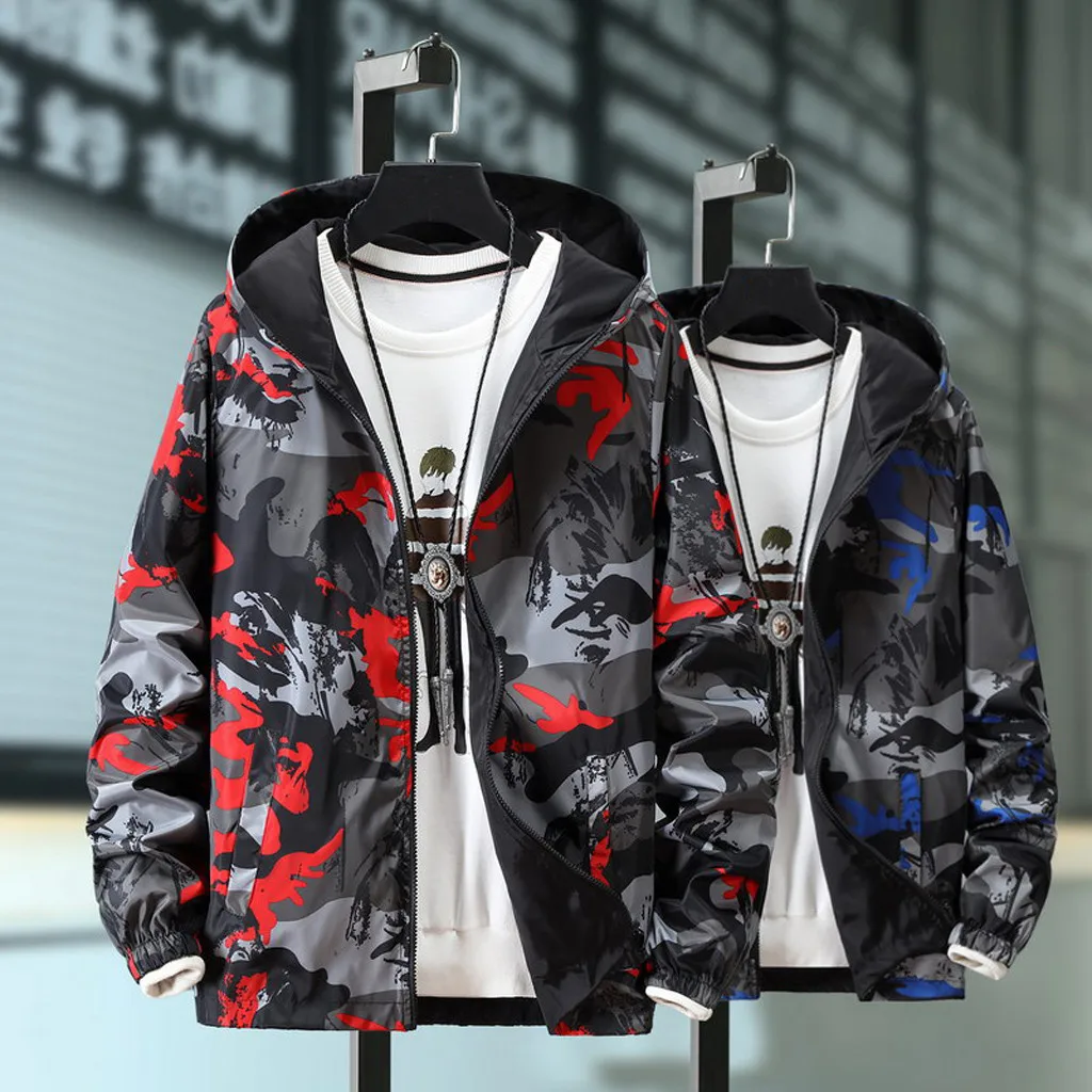 

2019 Fashion Men Autumn Warm Outwear Slim Casual Coats Mens Camouflage Printing Plus Size Hoodie Two-sided Wear Thin Z87