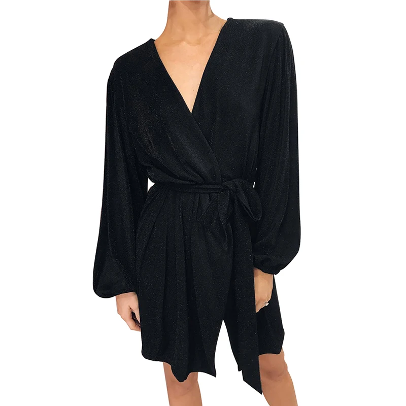 

2019 Autumn Women Long Sleeve Dress V-neck Irregular Stacking Waist Strap Split Above Knee Mini Plus Size Gray Black Dress