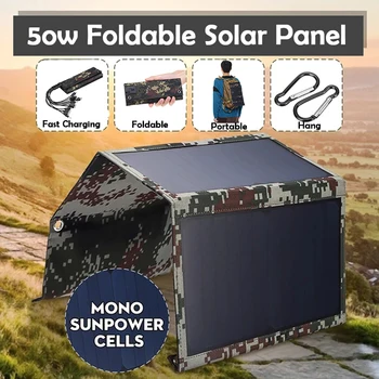 

50W Foldable Solar Panel 5V Sun power Solar Cells Bank Pack USB 10in1 USB Cable Waterproof for Phone Backpack Camping Hiking