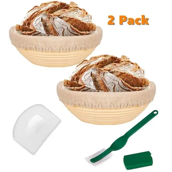 

9 Inch Round Bread Banneton Proofing Basket Includes Linen Liner, Dough Scraper and Bread Lame