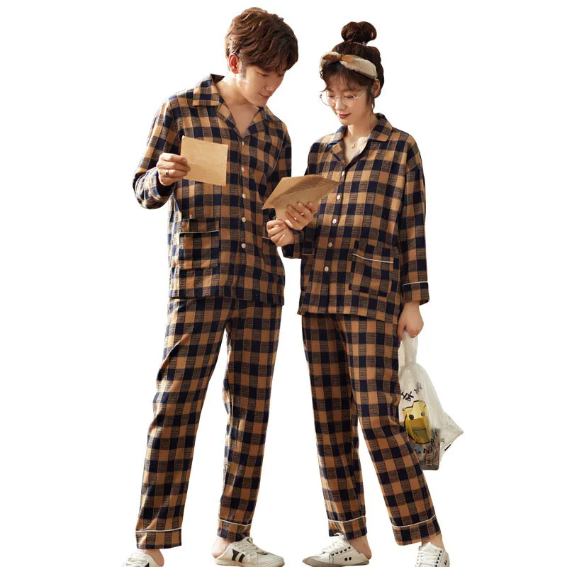 Зимняя клетчатая парная пижама с принтом; комплект из 2 предметов; Хлопковая женская пижама; Femme; одежда для сна с длинными рукавами; повседневная мужская домашняя пижама