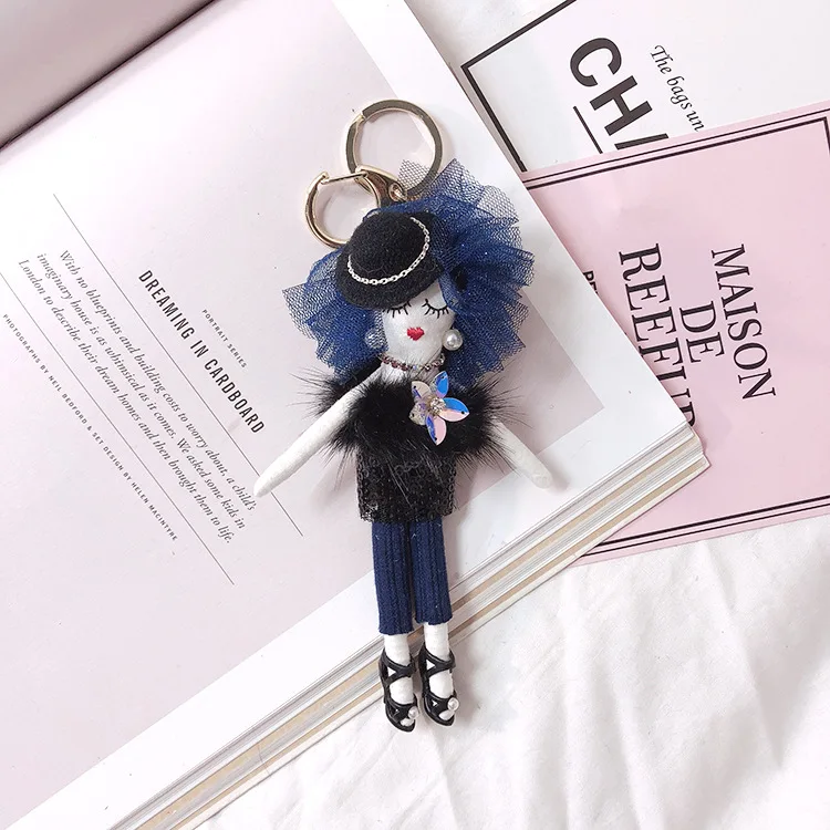 Korea Handmade Fahion Modern Girl Real Mink Fur Keychain Miss Lady Bag Pompom Bag Charm KeyRing Luxury Car Jewelry Pendant