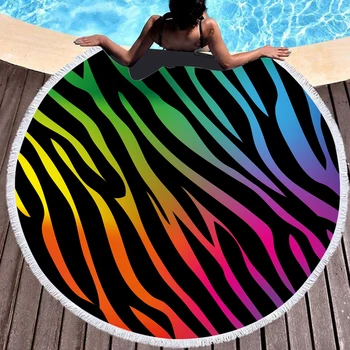 

SOFTBATFY Zebra Thick Terry Round Beach Towel with Tassel Dropshipping