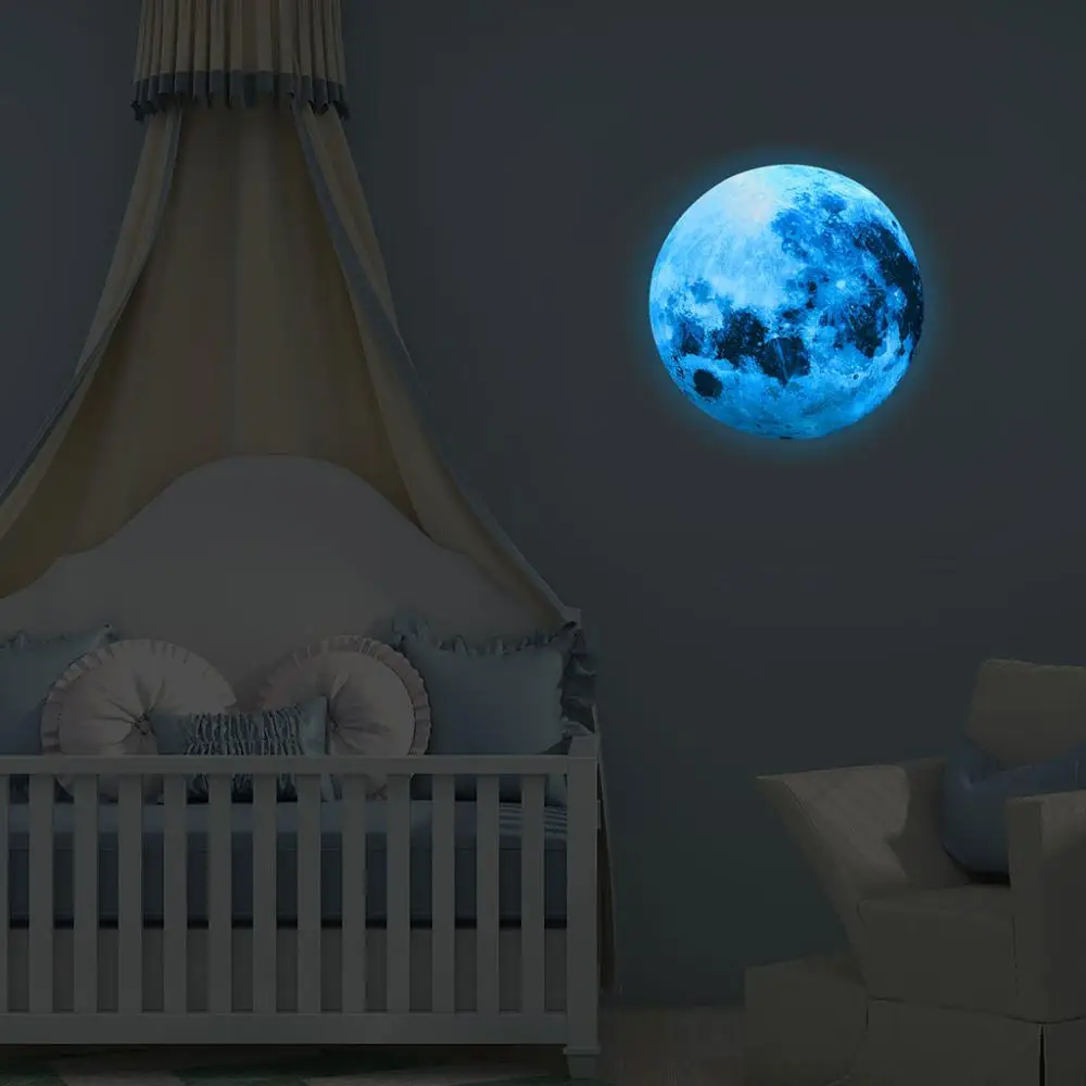 30cm Luminous Blue Moon 3D Wall Sticker living room bedroom decoration for kids room