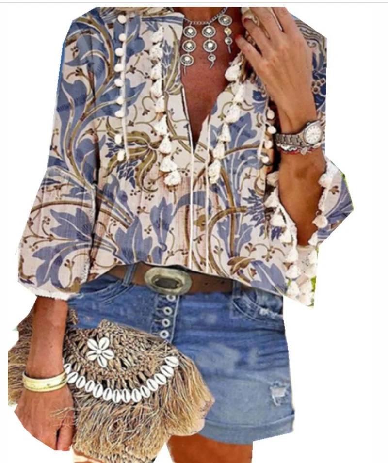 Boho blusa elegante cuello en V borla de las mujeres Tops Sexy de manga Tres cuartos-conga jugando mapache-Print SCREEN-Camiseta Camisetas manga corta-animales-2020 primavera otoño Chic blusas S-2XL
