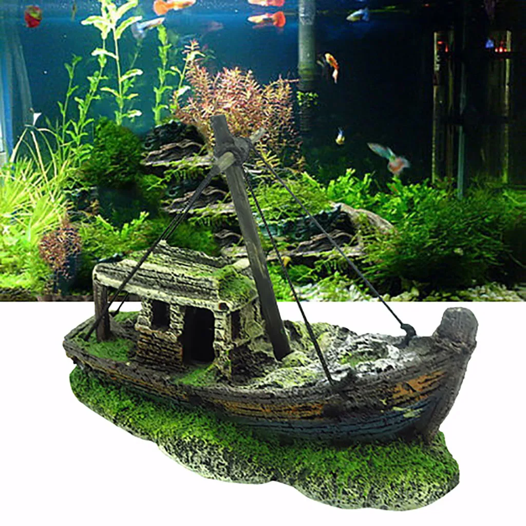 Fish Tank decoration Artificial landscape Aquarium Landscape Pirate Ship Wreck Decor Resin Boat Ornament#4 | Дом и сад