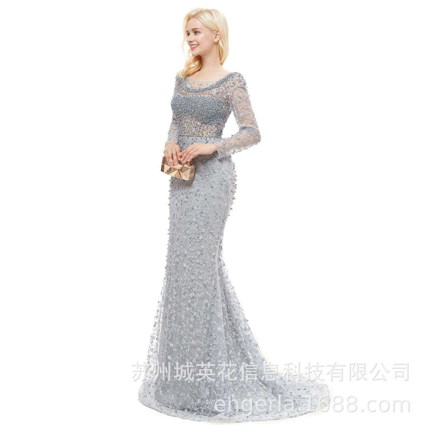 Vestido de festa/серое вечернее платье Русалочки с жемчугом и круглым вырезом с длинными рукавами и кристаллами, длинное платье для выпускного вечера
