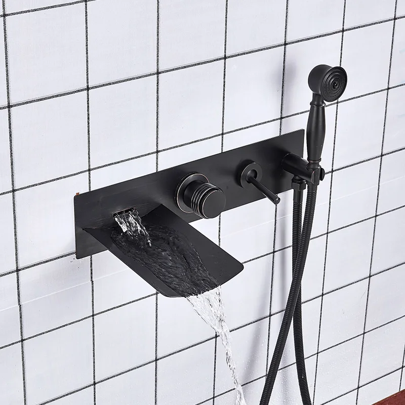 Black Bronze Fashion Style Black Bronze Bathtub Faucet Mixer Tap With Hand Shower Sprayer Watelfall Spout Hot and Cold Water Mixer - Цвет: Black Bronze