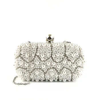 

2020 Chic Luxury Handmade Crystal White Pearl Small Long Chain Shoulder Evening Bags Ladies Party Wedding Handbags and Purses