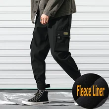 Мужские черные штаны-шаровары в стиле хип-хоп с несколькими карманами и лентами, мужские спортивные штаны с флисовой подкладкой, уличная одежда, повседневные мужские штаны s M-3XL