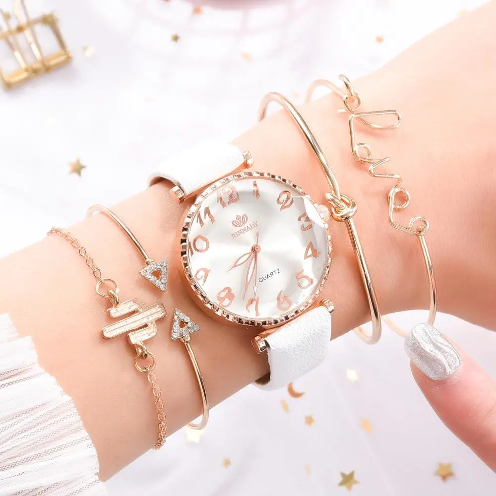 Buena Compra Conjunto de 5 uds. De relojes de lujo para mujer, pulsera de cuarzo de cuero informal, regalo dV59on5Kw