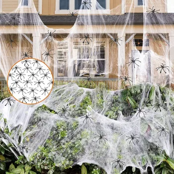 

1000 Sqft Halloween Stretch Spider Web with 100 Plastic Fake Spiders for Indoor & Outdoor Halloween Decorations
