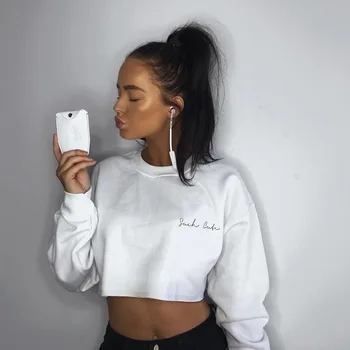 

White Casual Women Autumn Loose Sweatshirts Short Simple Letter Long Sleeve Hoodies
