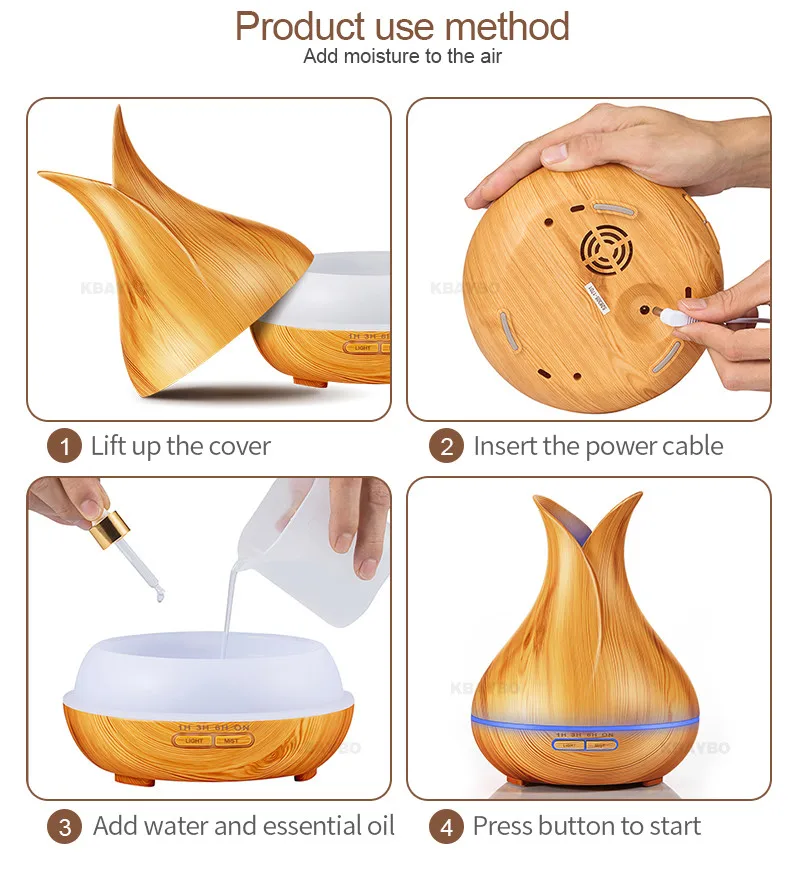 KBAYBO 400ml Air Humidifier Essential Oil Diffuser wood grain Aromatherapy diffusers Aroma Mist Maker 24v led light for Home