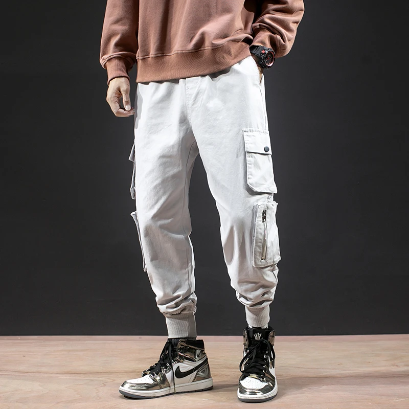 gray Men's Cargo Pants Cotton Comfortable Drawstring Multi-pocket Joggers Trousers Solid color Beam Foot Cargo Pants Men Autumn - Цвет: gray