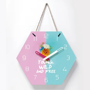 

Acrylic Lanyard Wall Clock Hexagon 14 Inch Nordic Wind Pink Blue Bouquet Pattern Wall Clock Suitable for Home Office