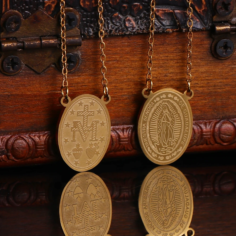 Holy Gold-Color Rosary Necklace Stainless Steel Catholic Blessed Pendant Necklace for Men Women's Medal Art Prayer Jewelry