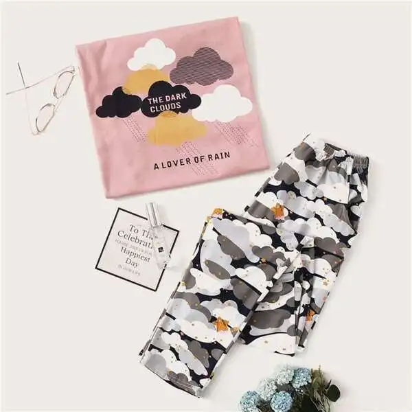 SweatyRocks пижамный комплект с принтом облаков и звезд, женские разноцветные футболки с коротким рукавом, длинные комплекты, осень, повседневная одежда для сна, милые пижамные комплекты
