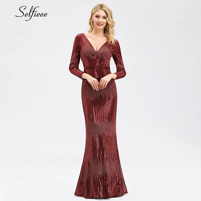 Luxury Burgundy Sequin Dress V-Neck Long Sleeve Women Sexy Bodycon Maxi Dress Elegant Autumn Winter Party Gowns Robe Femme