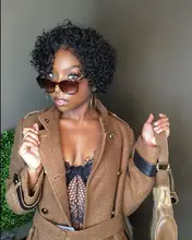 Beeos-peluca corta con rulos de corte Pixie 250%, 4x4, pelucas de cabello humano brasileño Remy, cabello humano de 8 pulgadas prearrancado con pelo de bebé