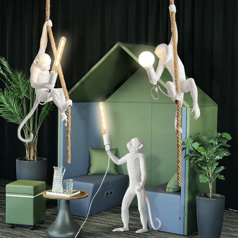 

Hars Goud Zwarte Aap Kroonluchter Verlichting Hars Loft Henneptouw Hanglamp Armaturen Bar Cafe Omvat E27 Verlichtingsarmaturen