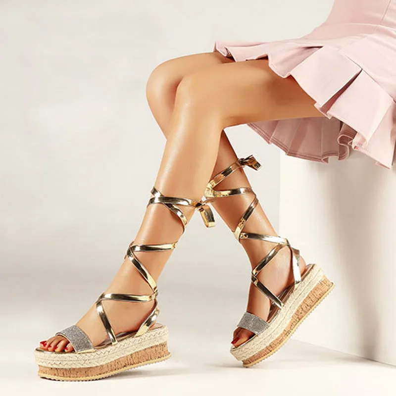 

Women Sandals Summer Shoes Platform Wedges Shoes Lace Up Ankle Strap Gladiator Sandals Peep Toes Plus Size Casual Shoes US-84