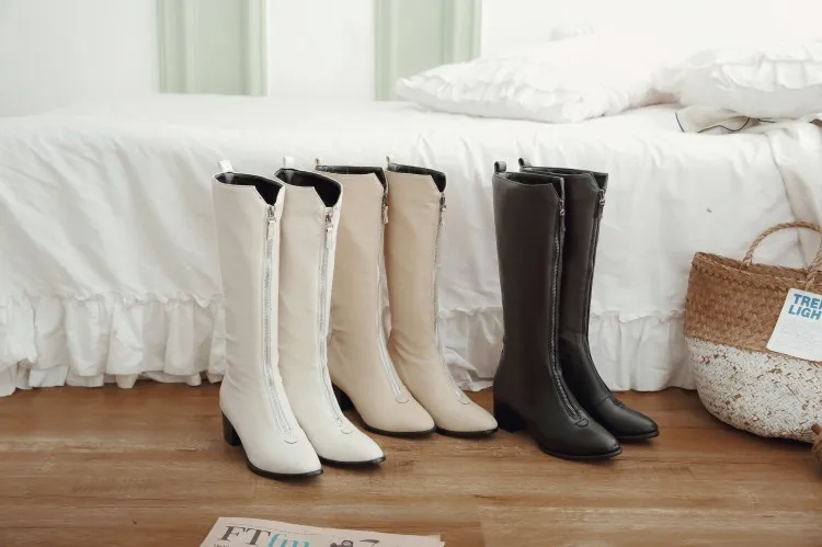Большие размеры 9, 10, 11-17; сапоги; женские зимние сапоги; женская обувь; botas; сапоги на квадратном каблуке с круглым носком на молнии спереди