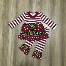 Новое поступление, осенне-зимняя одежда для маленьких девочек, винно-леопардовые штаны в полоску, детская одежда с карманами, комплект детской одежды из бутика с оборками