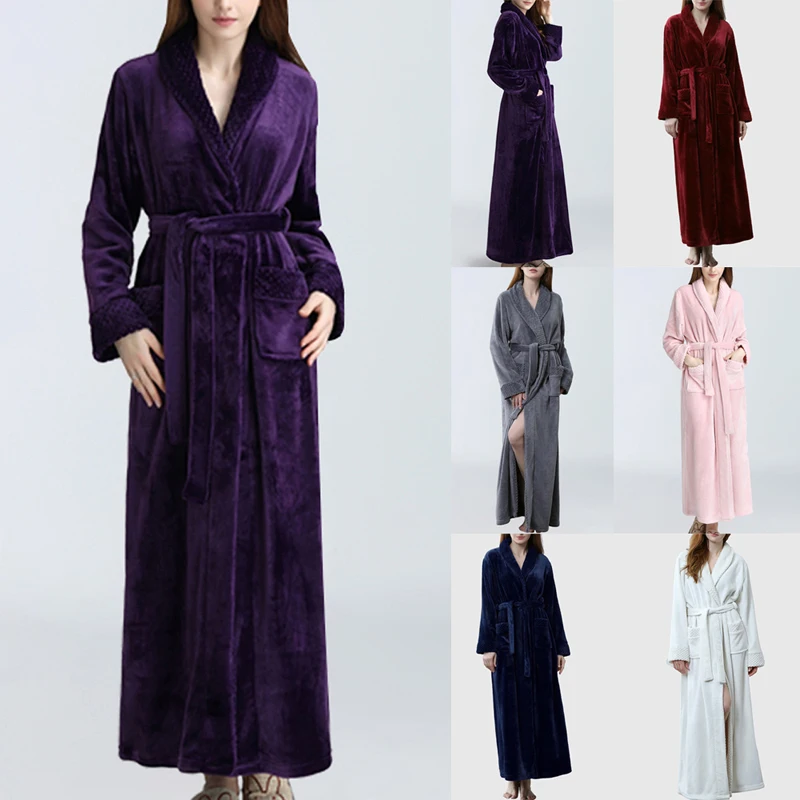 

Women Sexy Long Dresses 2019 Winter Fleece Flannel Ladies Solid Robes Warm Bathrobe for Women Ladies Dressing Gowns Sleepwear