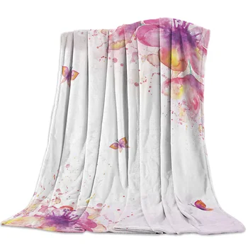 

Watercolor Pink Flower Bloom Butterfly Throw Blanket Soft Comfortable Velvet Plush Blankets Warm Sofa Bed Sheets