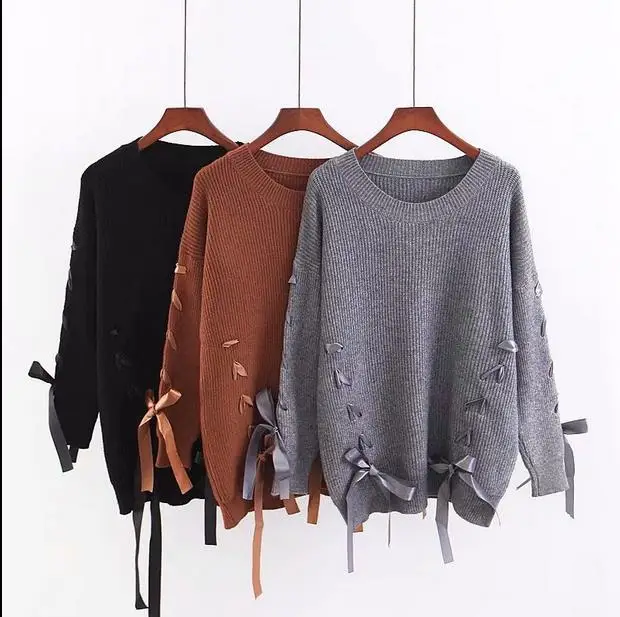 

Sweater Winter Women Lace Up Bow Sweaters Lady Knit Pullover and Sweater Lac Eup Bow Pullovers