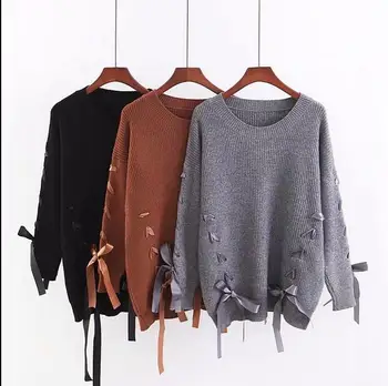 

Sweater Winter Women Lace Up Bow Sweaters Lady Knit Pullover and Sweater Lac Eup Bow Pullovers