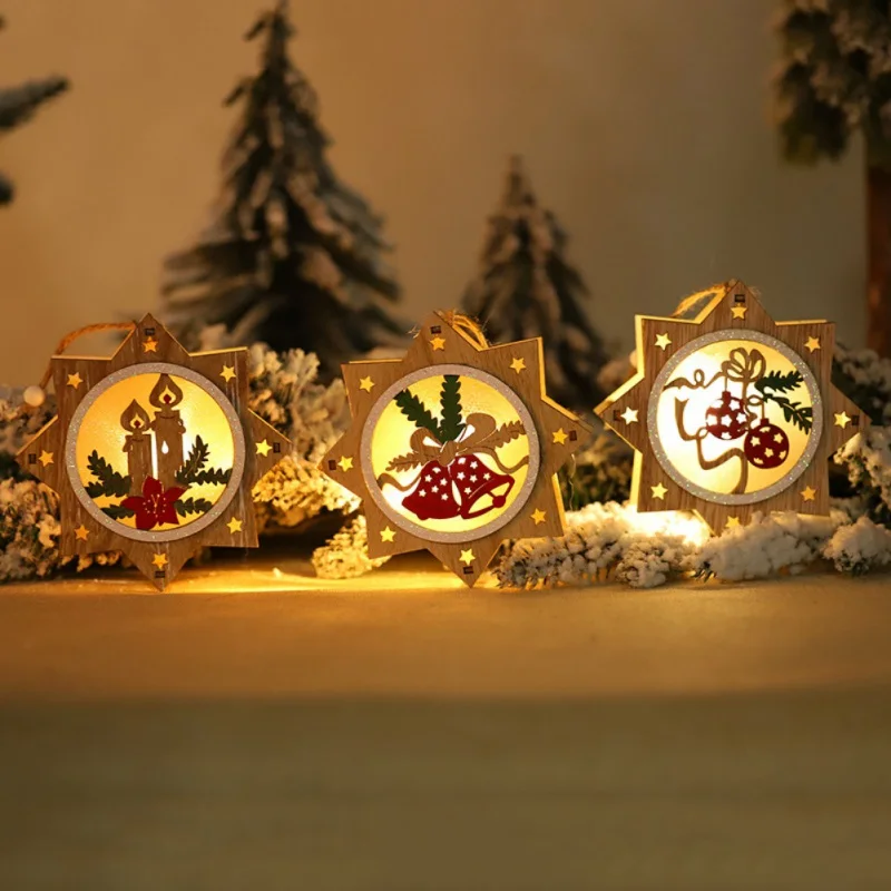 

Christmas Tree Wooden Glowing Ornament Star Round Shape LED Light Decoration Luminous Santa Snowman Deer Hanging Pendant