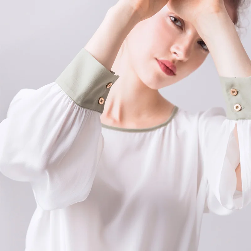 Женская однотонная шелковая блуза из натурального шелка, однотонная Офисная Женская рубашка с длинными рукавами и контрастным воротником, белые блузки, осенне-зимняя рубашка
