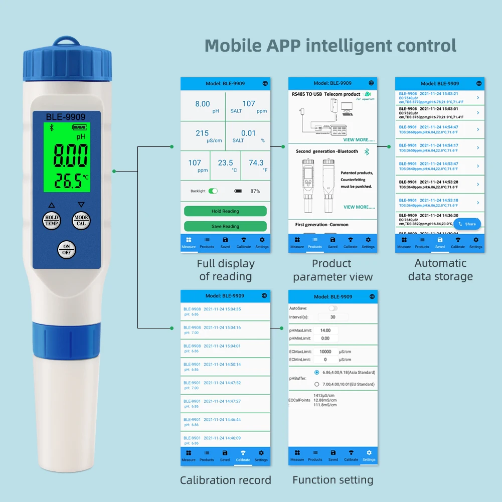 noisemeter Blue Tooth 5 in 1 PH EC TDS Salinity TEMP Meter Digital Water Quality Tester Smart Online Monitor APP Control for Aquariums Pool electronic tape measure