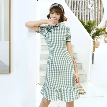 

Summer Cotton Daily Dress New Chinese Style Women Cheongsam Printed Flower Vintage Handmade Button Stage Show Qipao Size S-3XL