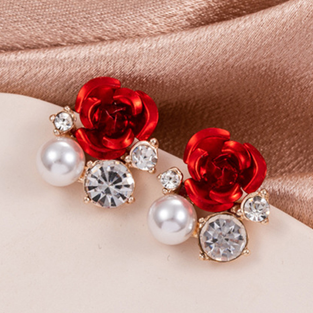 Red Rose Rhinestone Stud Earrings For Women Butterfly Angel Wings Pearl Flowers Earring Bride Wedding Engagement Jewelry