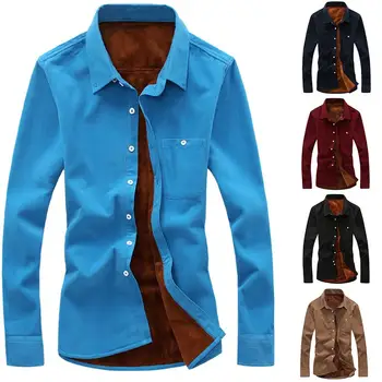 

Men's Corduroy Shirt winter casual long sleeve thermal plus velvet shirt thickening Single Breasted Solid wool Warm Shirts Male